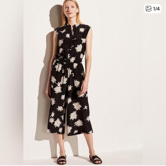 Vince 100% Silk Floral Sleeveless Black Cream Jumpsuit Midi Size M - Picture 3 of 16